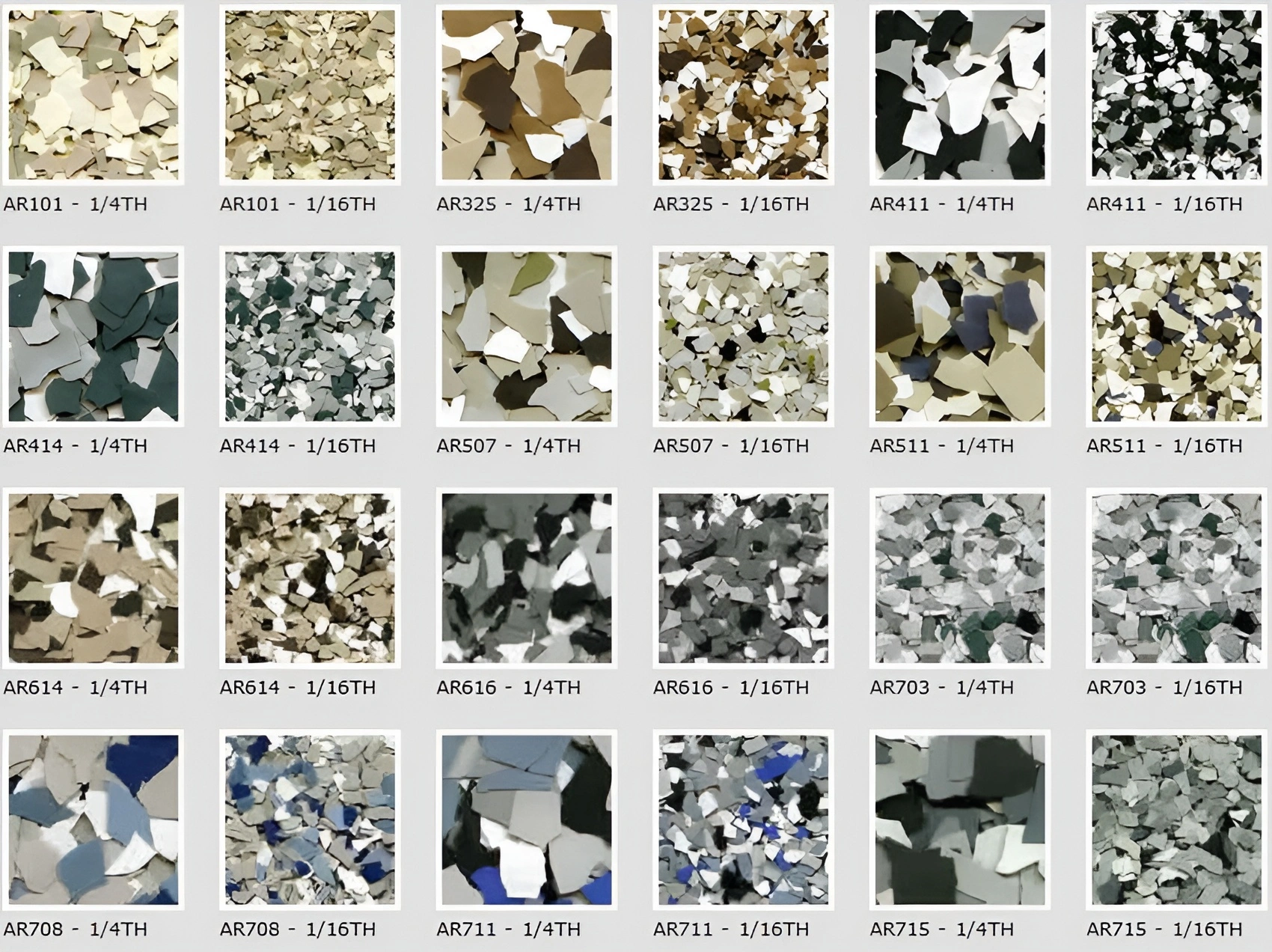 Color Flake chart for Armorcoat's expoxy floor coatings